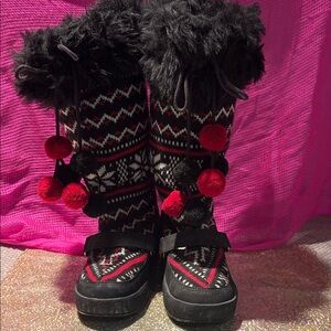 Juicy Couture Black and Red Knit Boots with Pom Pom's